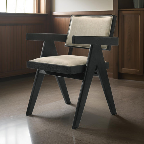 Bili 21 Inch Dining Armchair Set of 2, Open Back, Beige Upholstery, Black By Casagear Home