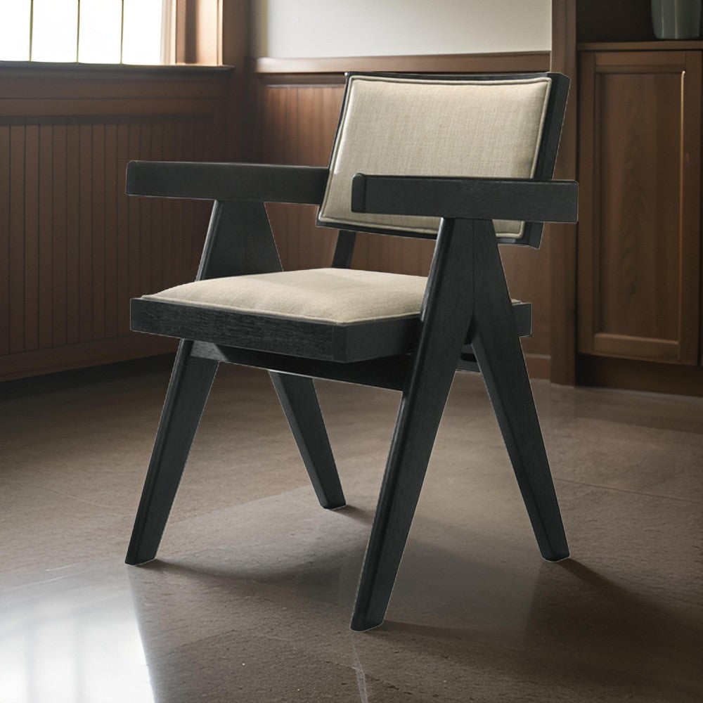Bili 21 Inch Dining Armchair Set of 2, Open Back, Beige Upholstery, Black By Casagear Home