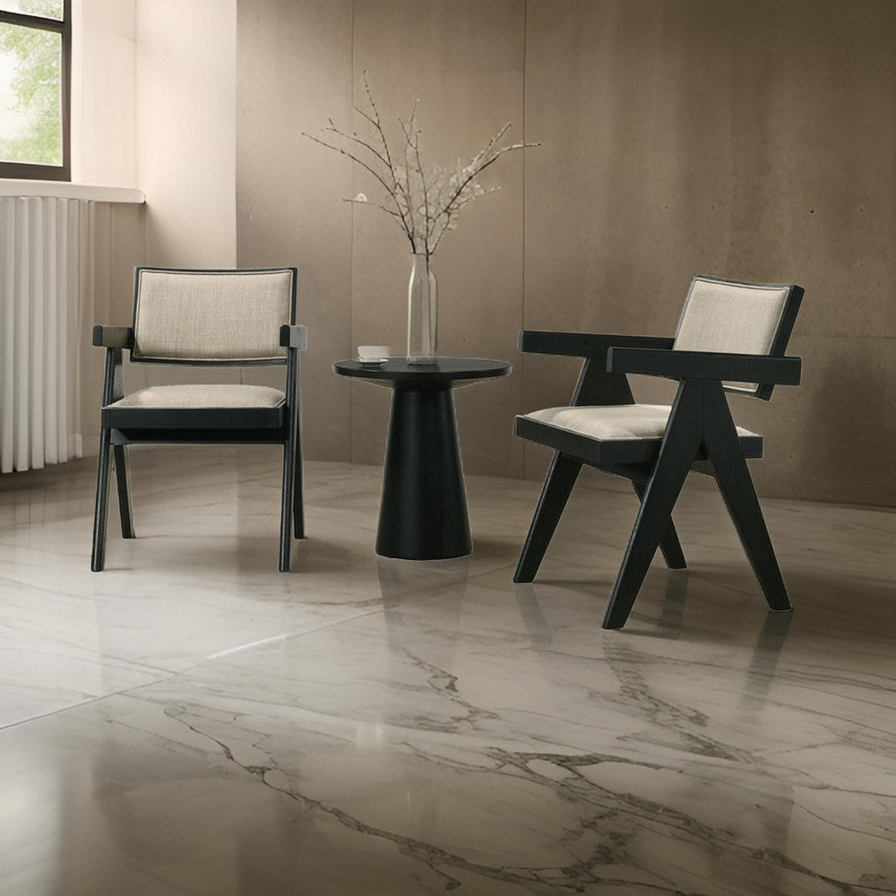 Bili 3pc Dining Armchair and Side Table Set, Open Backrests, Beige, Black By Casagear Home