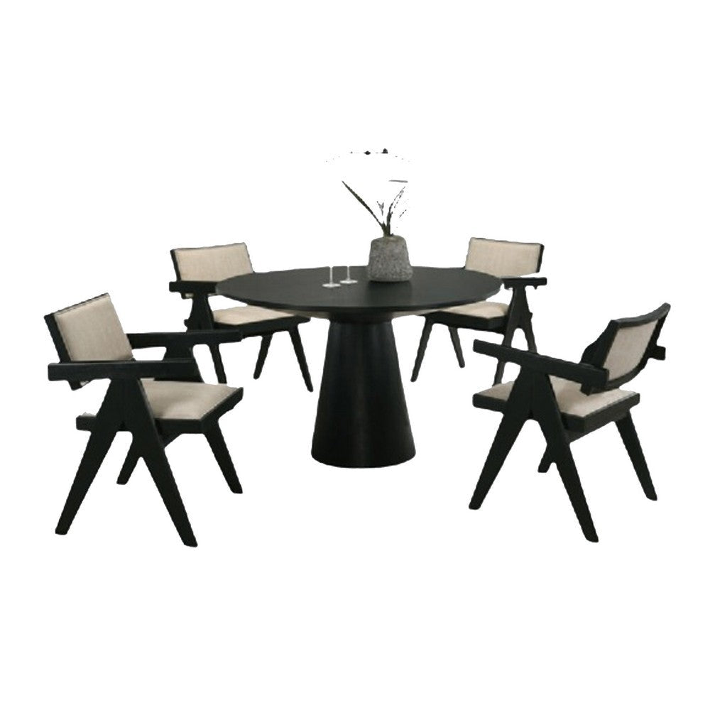 Bili 5pc Round Dining Table and 4 Armchairs Set, Open Back, Beige, Black By Casagear Home