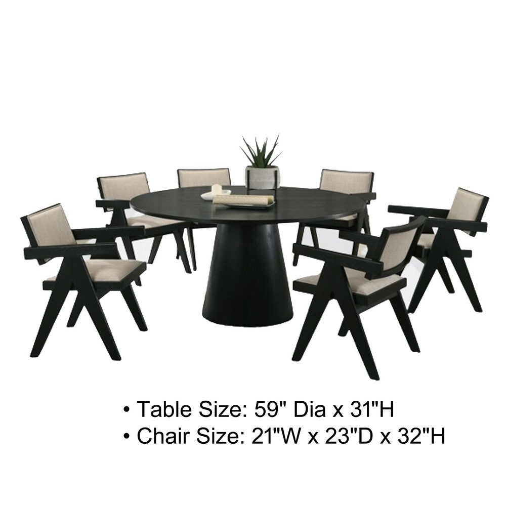 Bili 7pc Round Dining Table and 6 Armchairs Set Open Back Beige Black By Casagear Home BM317346