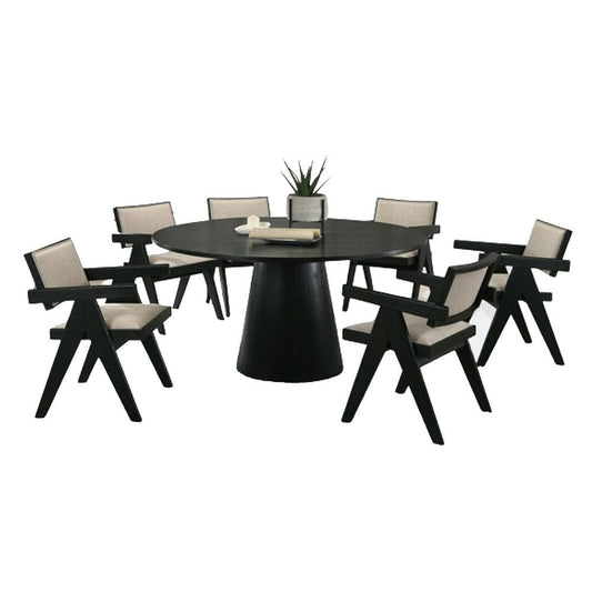 Bili 7pc Round Dining Table and 6 Armchairs Set, Open Back, Beige, Black By Casagear Home