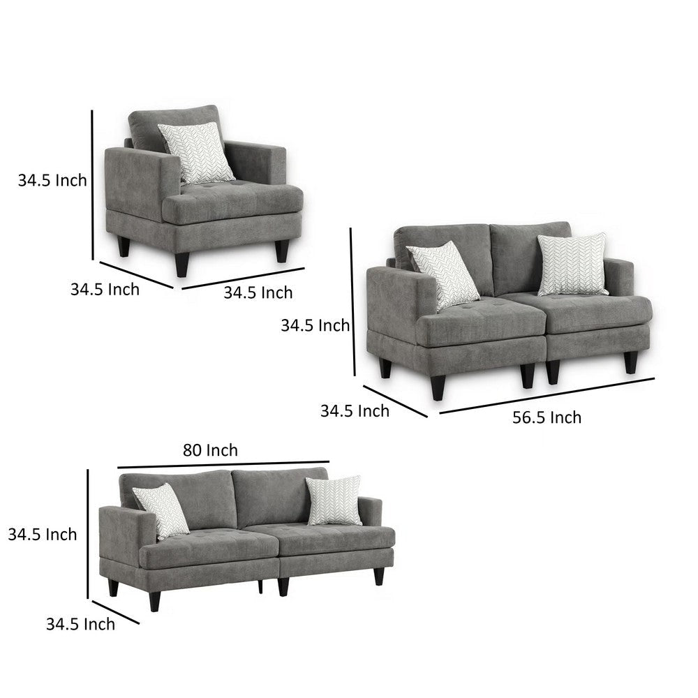 Lae 3 Piece Living Room Sofa Loveseat Chair Set 5 Pillows Gray Chenille By Casagear Home BM317349