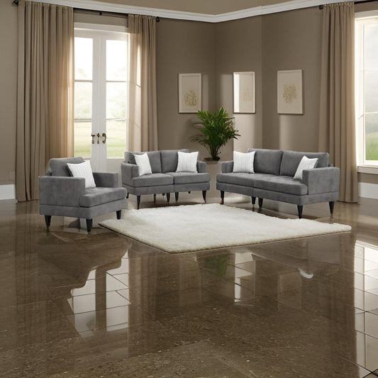 Lae 3 Piece Living Room Sofa, Loveseat, Chair Set, 5 Pillows, Gray Chenille By Casagear Home