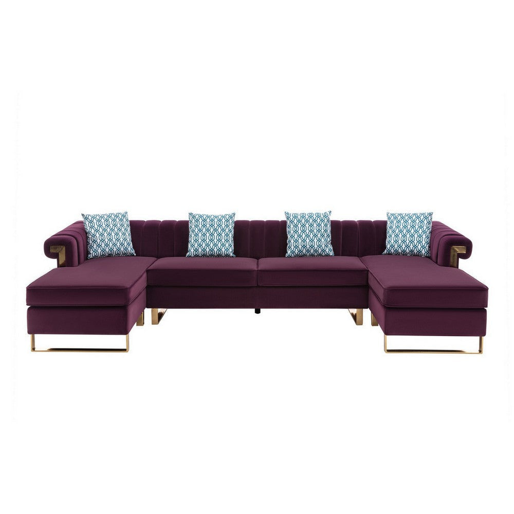 Ore 128 Inch Sectional Sofa with Double Chaise 5 Seater Purple Velvet By Casagear Home BM317351