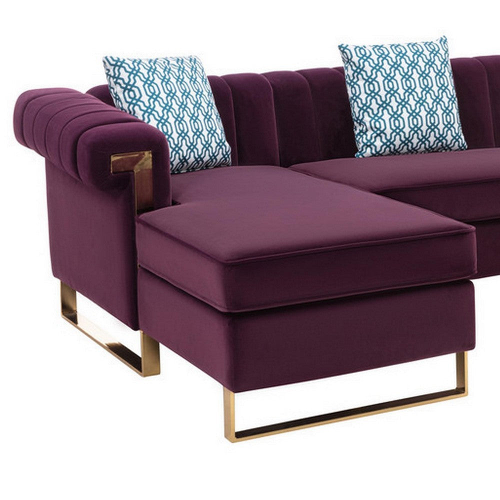 Ore 128 Inch Sectional Sofa with Double Chaise 5 Seater Purple Velvet By Casagear Home BM317351