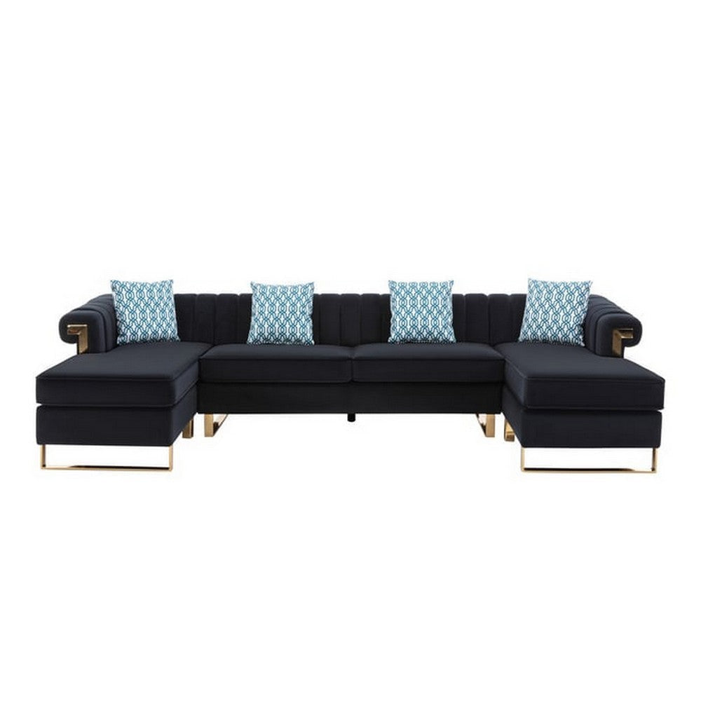 Ore 128 Inch Sectional Sofa with Double Chaise 5 Seater Black Velvet By Casagear Home BM317352