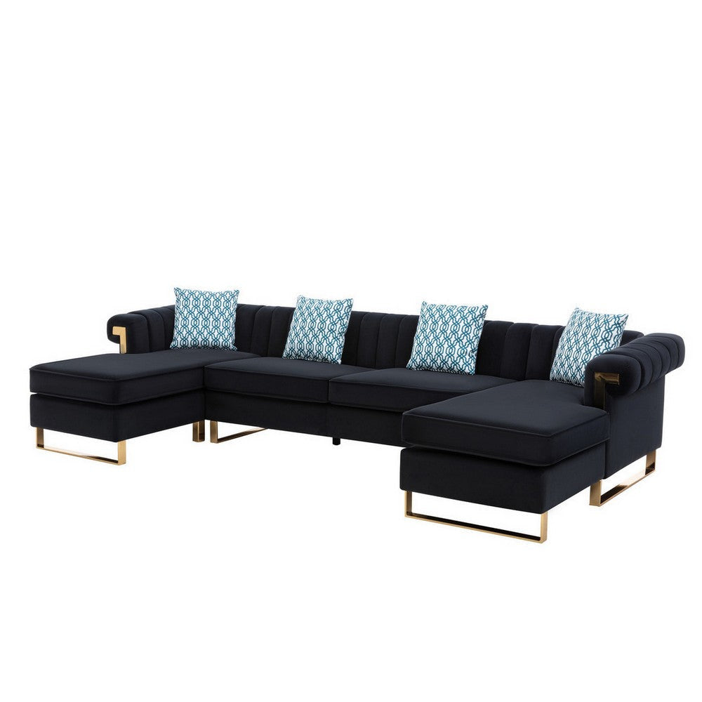 Ore 128 Inch Sectional Sofa with Double Chaise, 5 Seater, Black Velvet By Casagear Home