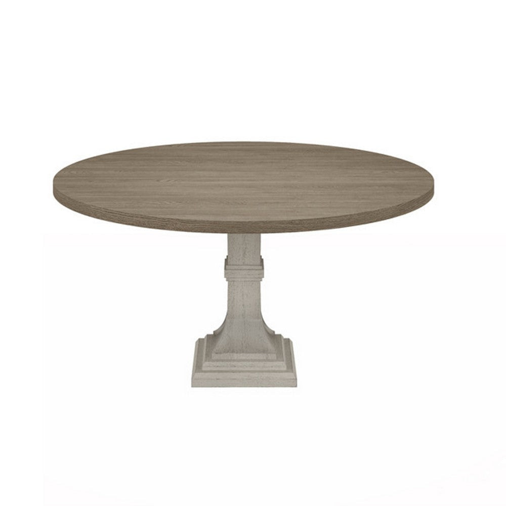 Sane 59 Inch Dining Table, Round Top with Pedestal Base, White, Gray By Casagear Home