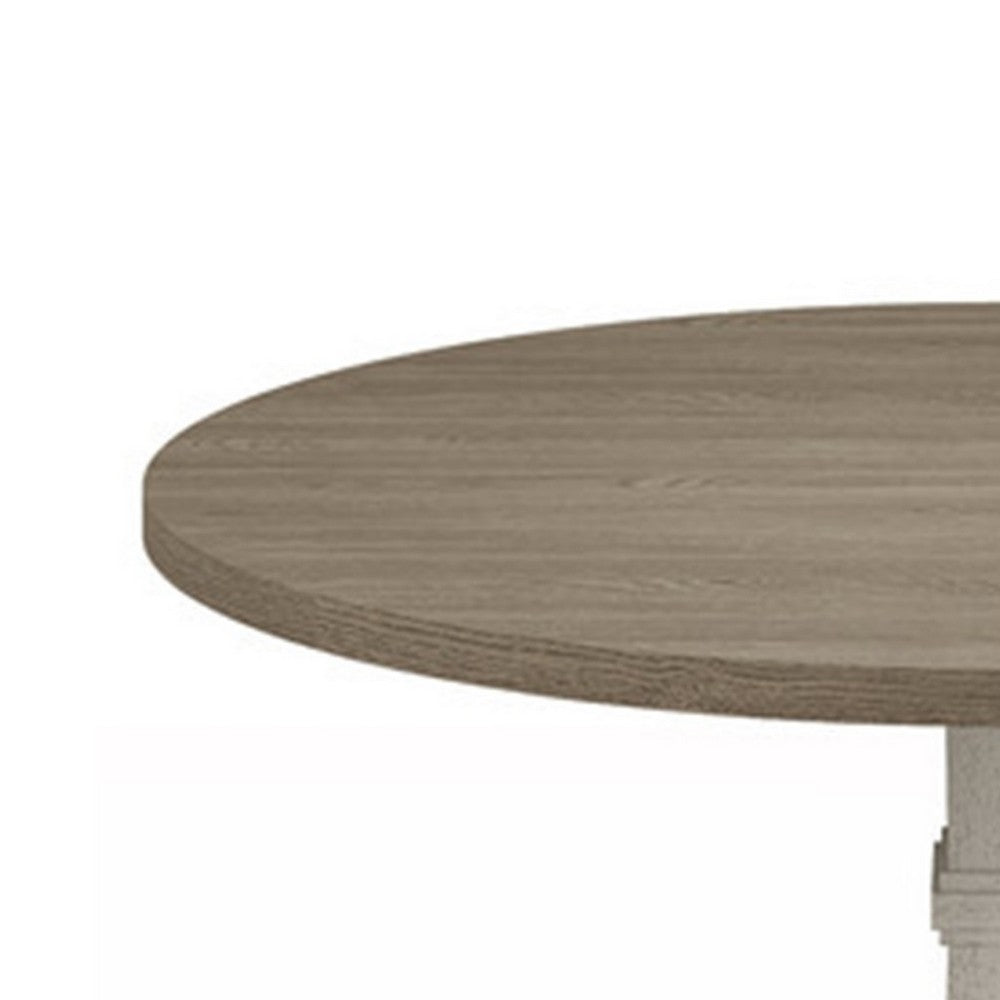 Sane 59 Inch Dining Table, Round Top with Pedestal Base, White, Gray By Casagear Home