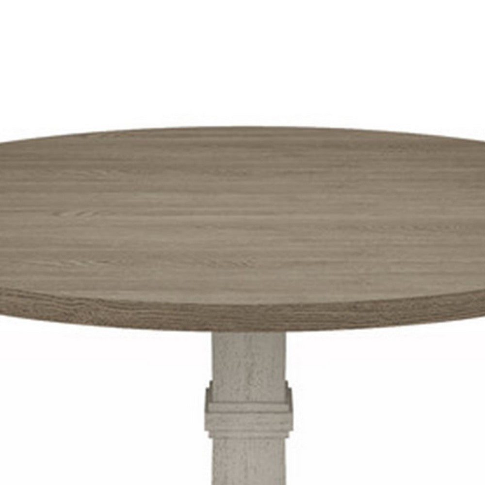 Sane 59 Inch Dining Table, Round Top with Pedestal Base, White, Gray By Casagear Home