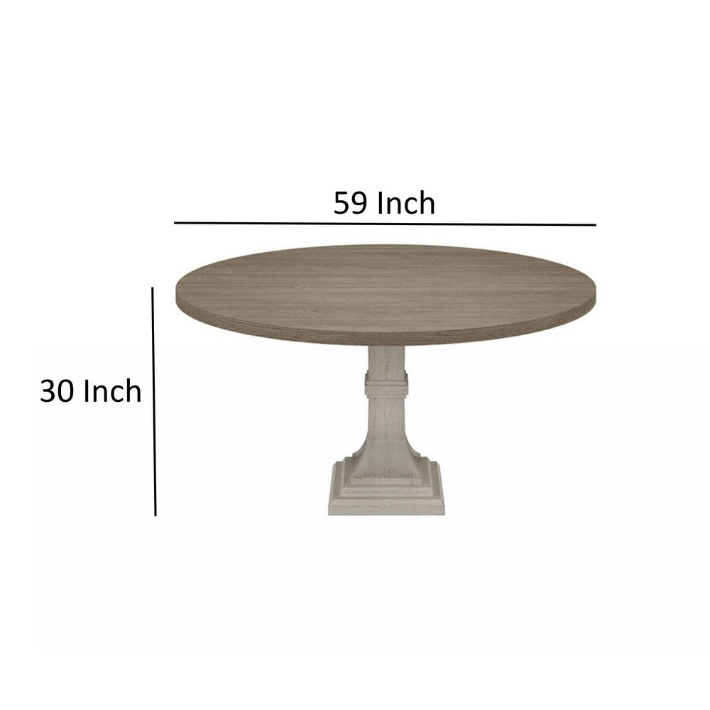 Sane 59 Inch Dining Table, Round Top with Pedestal Base, White, Gray By Casagear Home