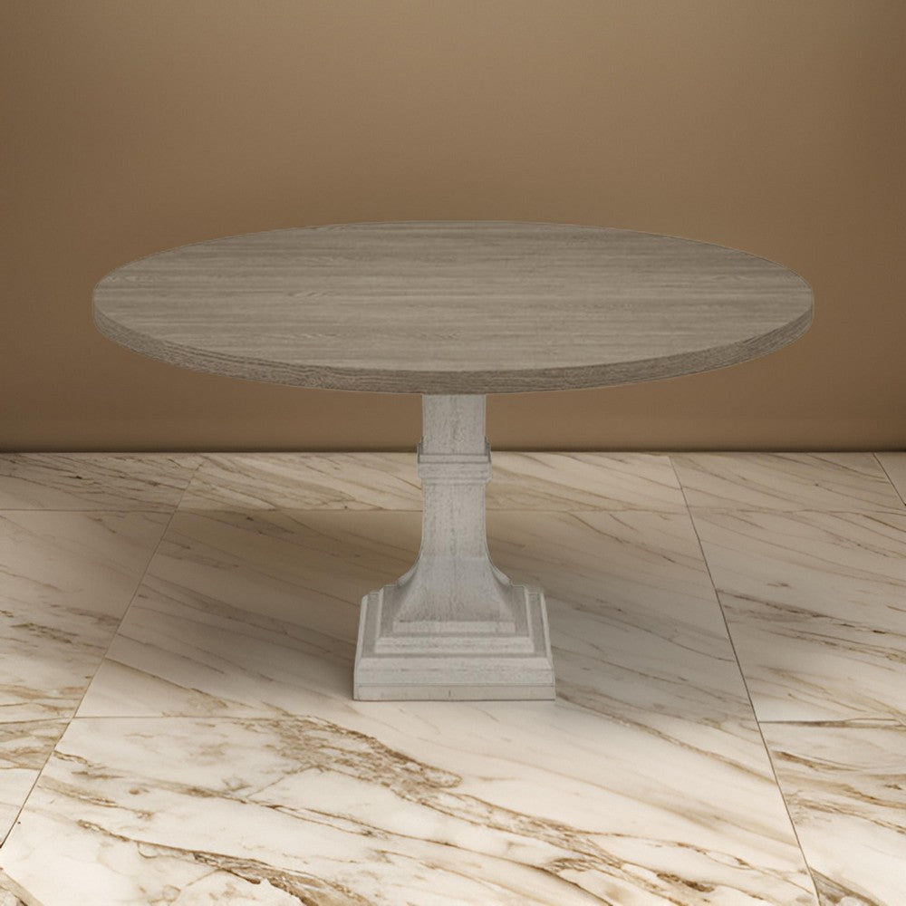 Sane 59 Inch Dining Table, Round Top with Pedestal Base, White, Gray By Casagear Home