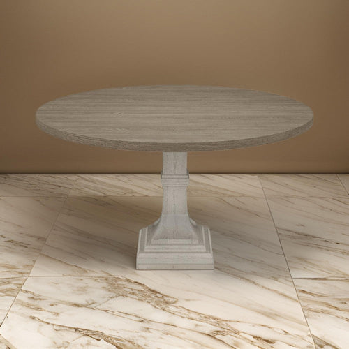 Sane 59 Inch Dining Table, Round Top with Pedestal Base, White, Gray By Casagear Home