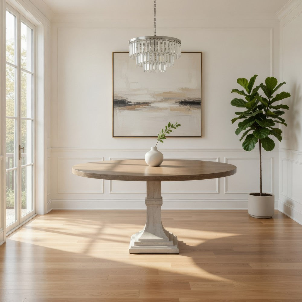 Sane 59 Inch Dining Table, Round Top with Pedestal Base, White, Gray By Casagear Home
