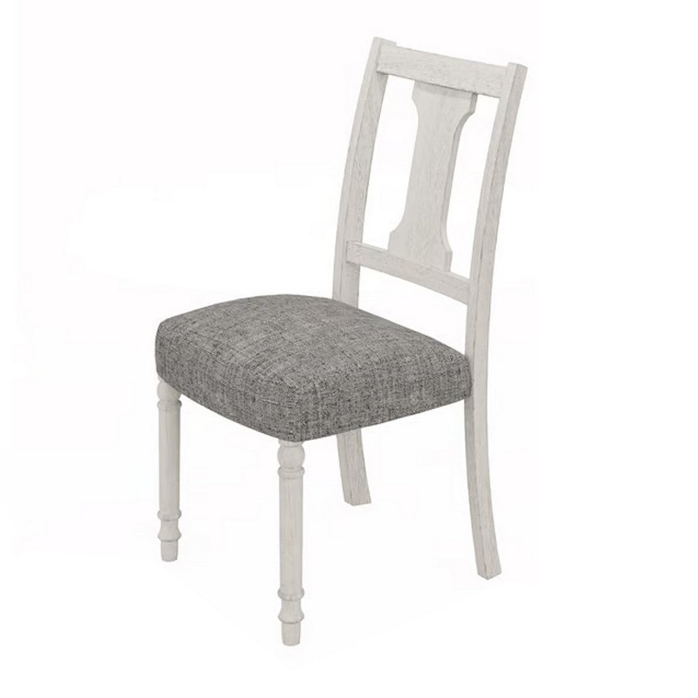 Sane 19 Inch Dining Side Chair Set of 2, Fiddleback, White Wood, Gray Linen By Casagear Home