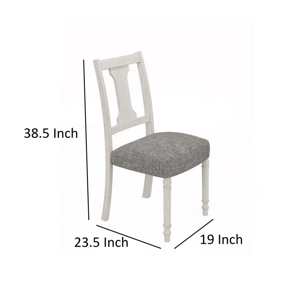 Sane 19 Inch Dining Side Chair Set of 2, Fiddleback, White Wood, Gray Linen By Casagear Home
