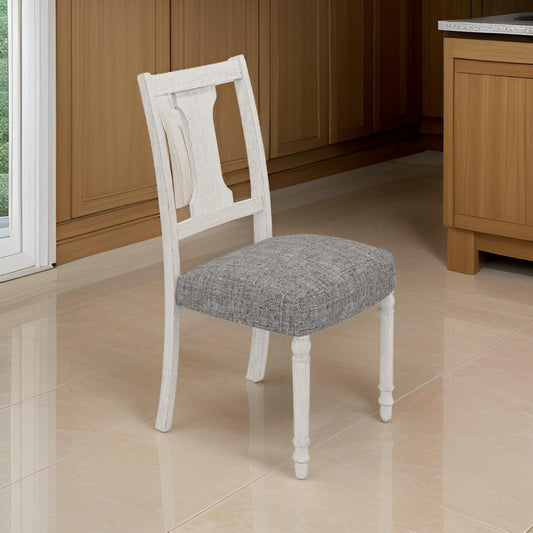 Sane 19 Inch Dining Side Chair Set of 2, Fiddleback, White Wood, Gray Linen By Casagear Home