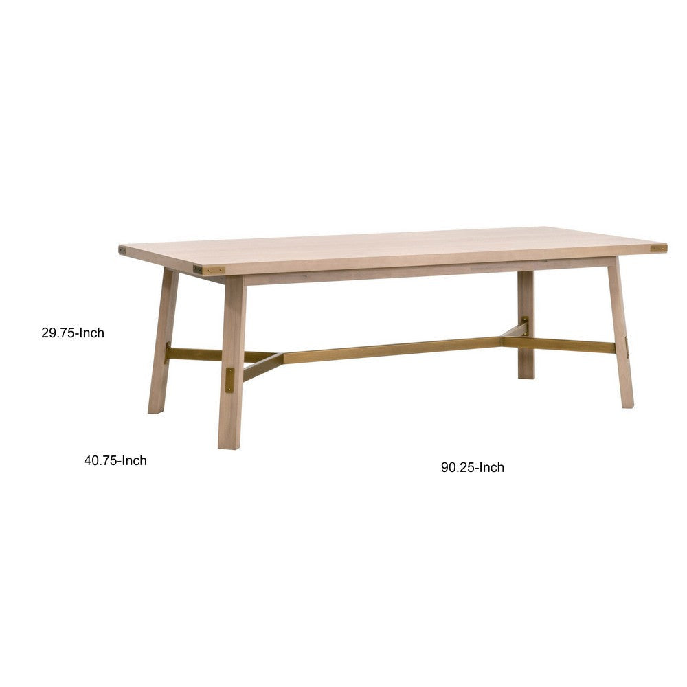 90 Inch Dining Table Rectangular Oak Veneer Top Gold Metal Brackets By Casagear Home BM317377