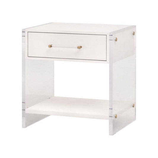 26 Inch Nightstand, White Faux Shagreen Resin Drawer, Acrylic Panel Legs By Casagear Home