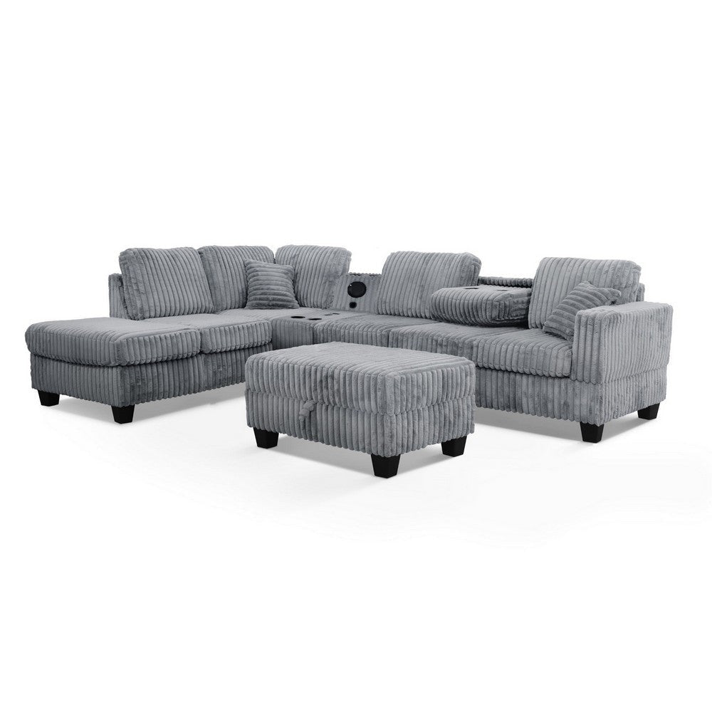 Ega 81 Inch Sectional Sofa Chaise Storage Ottoman Bluetooth Gray By Casagear Home BM317381