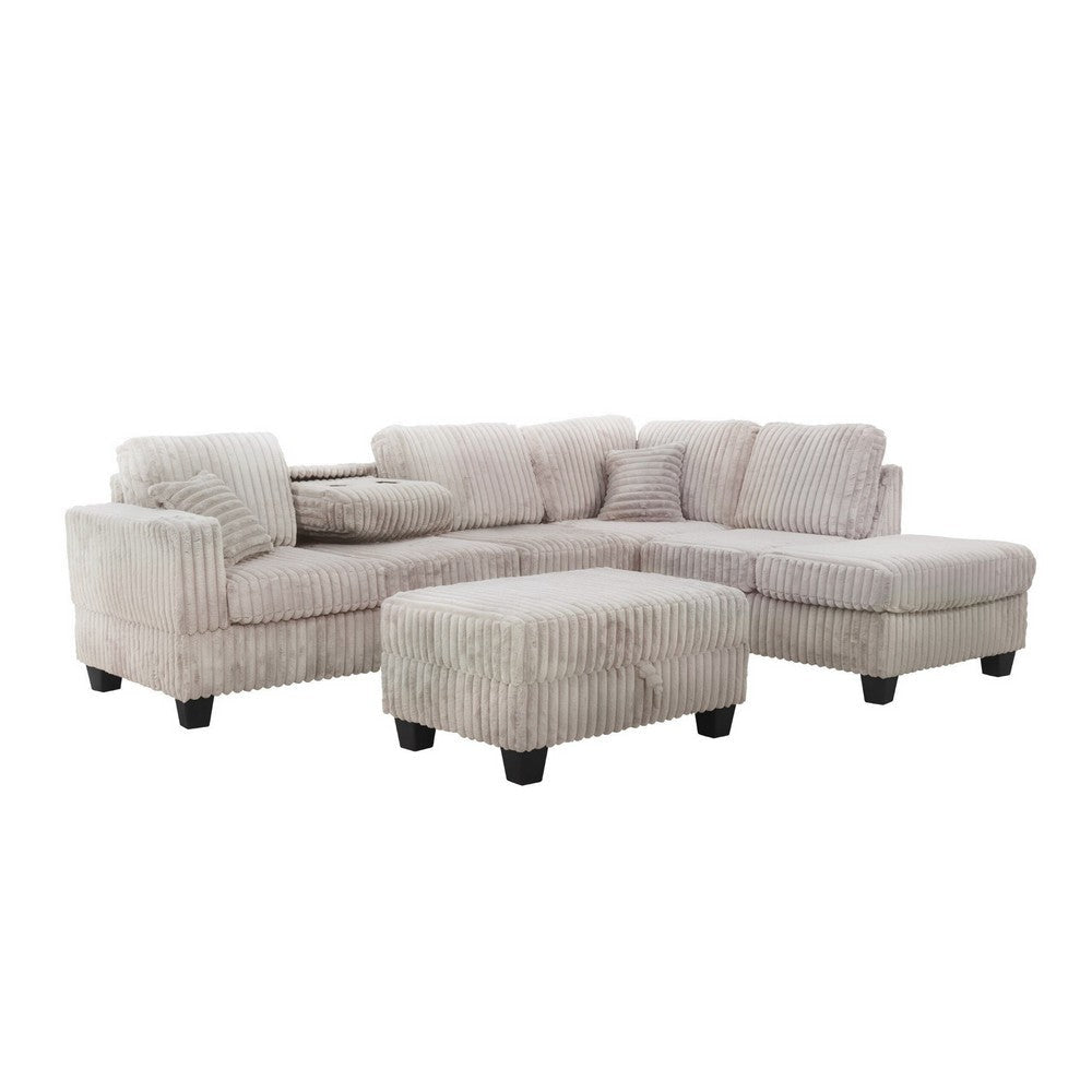 Ega 81 Inch Sectional Sofa with Reversible Chaise, Ottoman, Beige Corduroy By Casagear Home