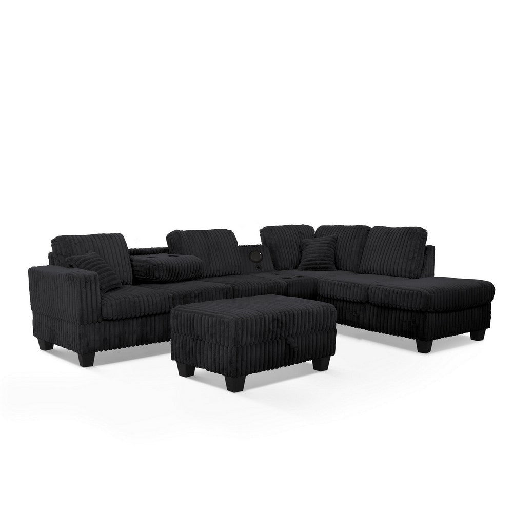 Ega 81 Inch Sectional Sofa, Chaise, Ottoman, Bluetooth Speakers, Black By Casagear Home