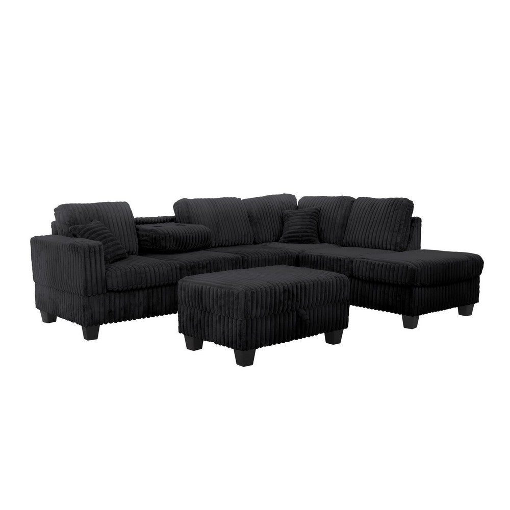 Ega 81 Inch Sectional Sofa with Reversible Chaise, Ottoman, Black Corduroy By Casagear Home