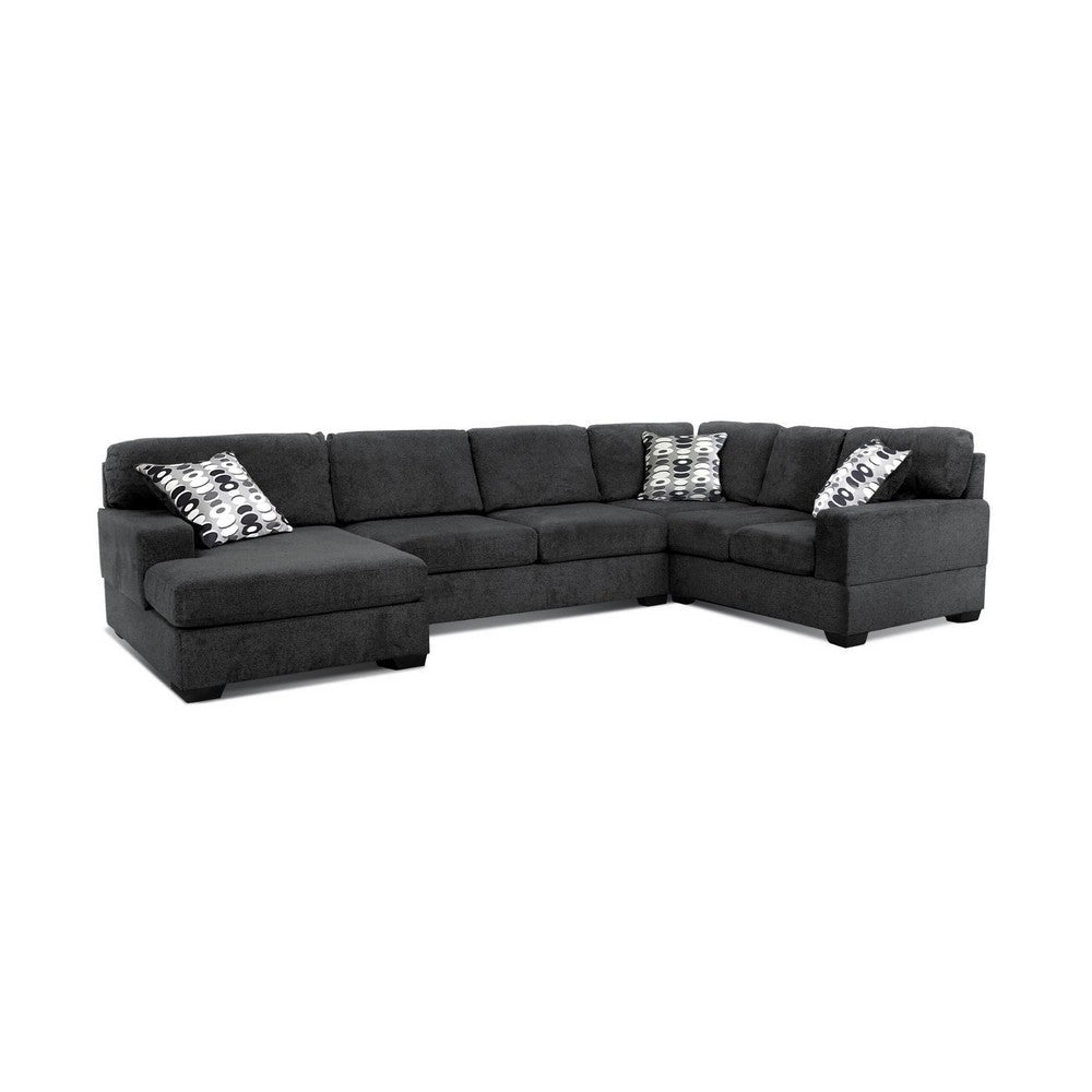 Zia 93 Inch Wide Sectional Sofa with Double Chaise, Pillows, Black Chenille By Casagear Home