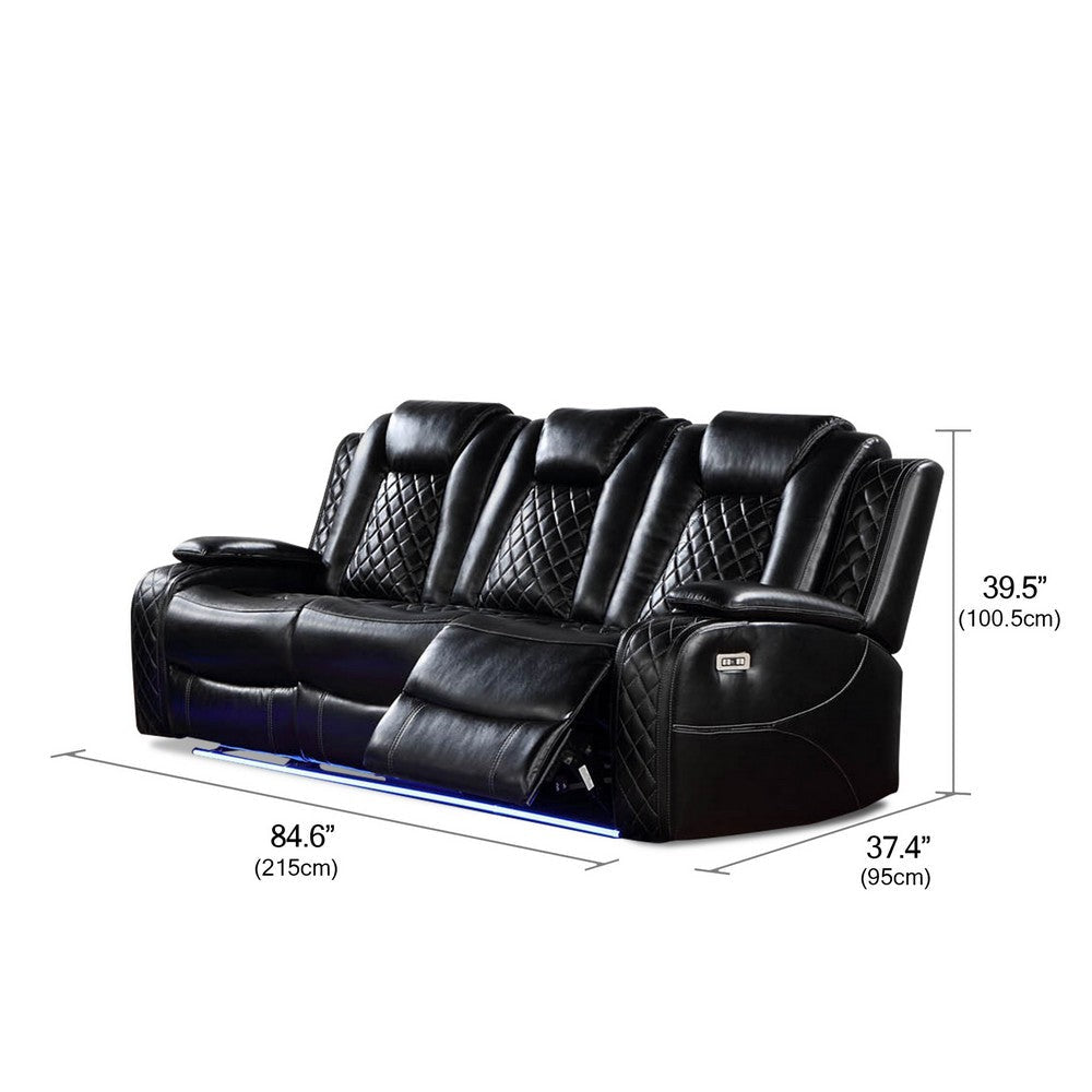 Aile 85 Inch Power Recliner Sofa Bluetooth Charging Black Faux Leather By Casagear Home BM317403