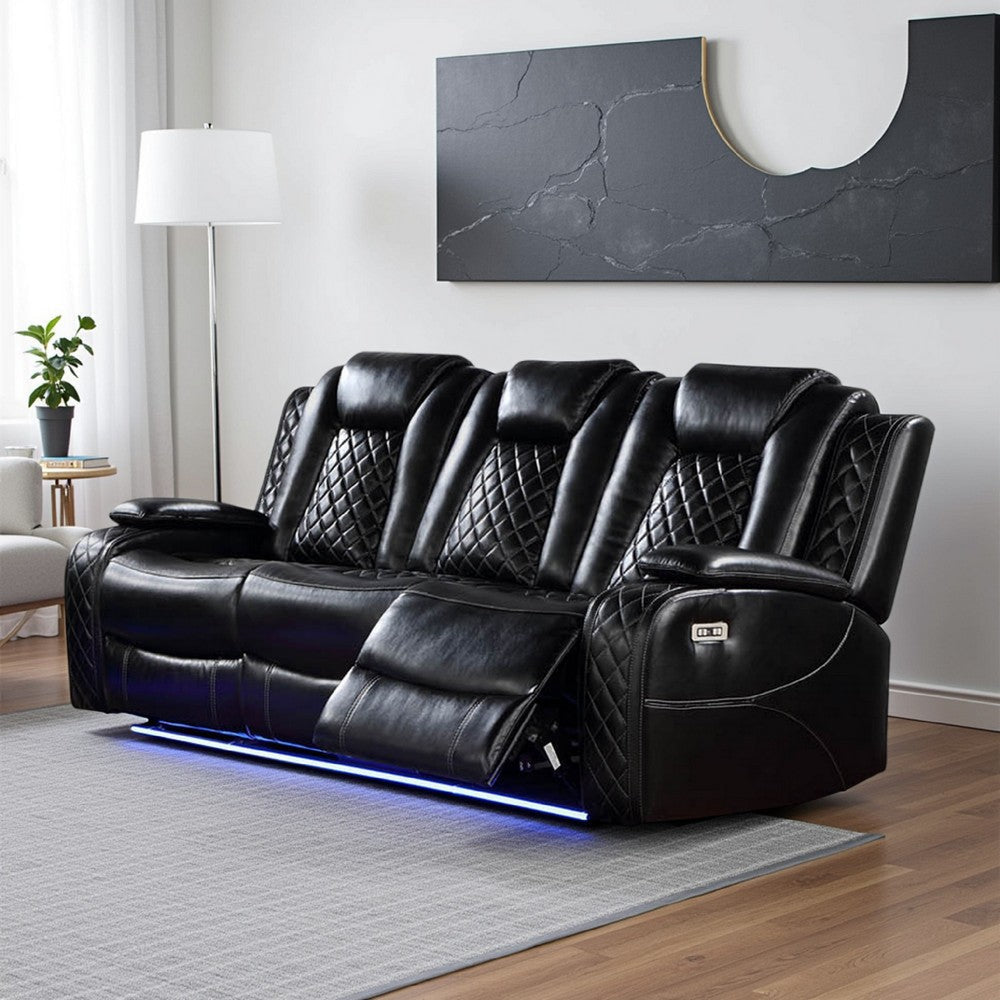 Aile 85 Inch Power Recliner Sofa, Bluetooth, Charging, Black Faux Leather By Casagear Home