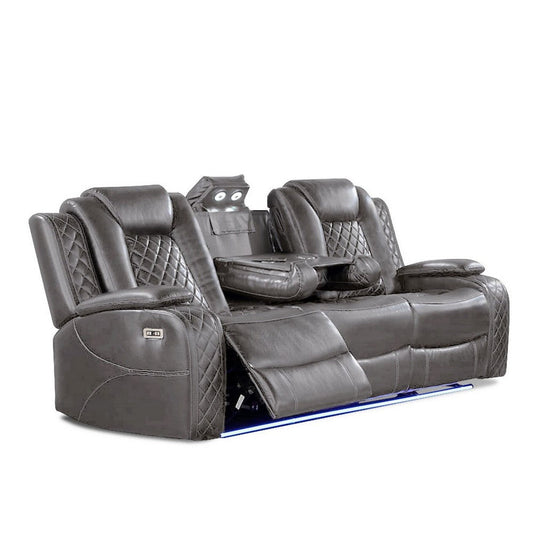 Aile 85 Inch Power Recliner Sofa, Bluetooth, Charging, Gray Faux Leather By Casagear Home