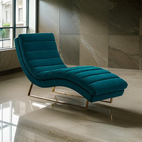 Reno Linda 66 Inch Lounge Chaise, Channel Tufted Green Velvet, Steel Legs By Casagear Home