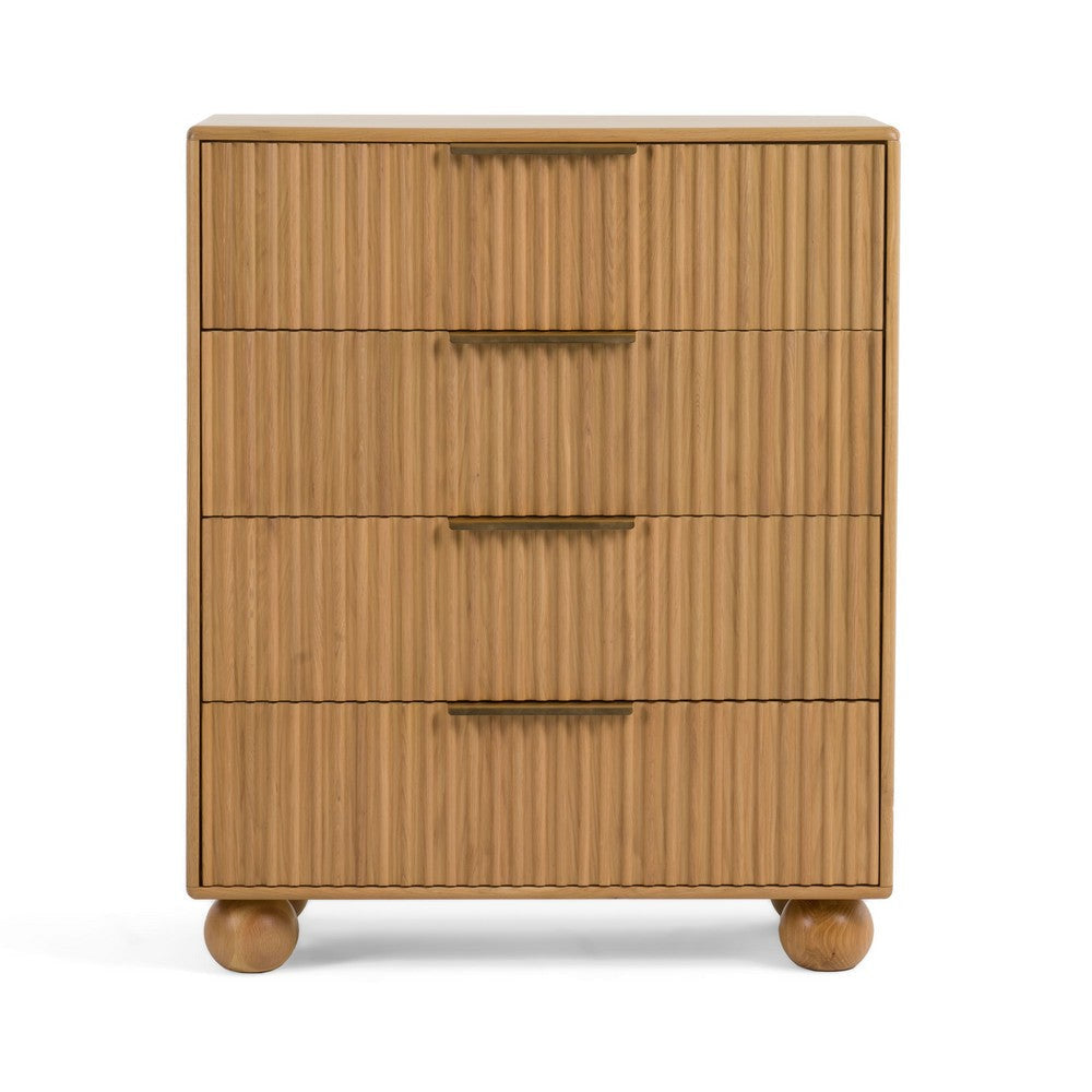 Cid Joya 45 Inch Tall Chest 4 Drawers Golden Metal Handles Natural Oak By Casagear Home BM317423