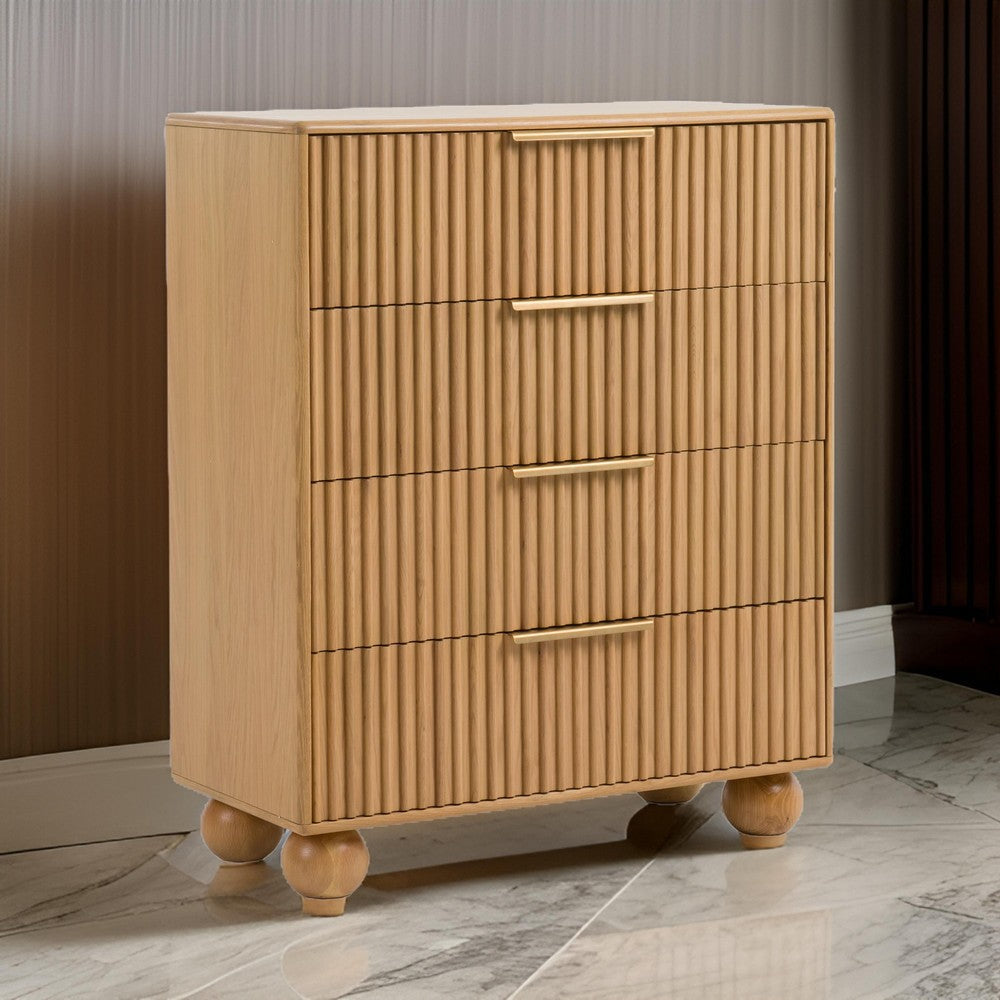 Cid Joya 45 Inch Tall Chest 4 Drawers Golden Metal Handles Natural Oak By Casagear Home BM317423