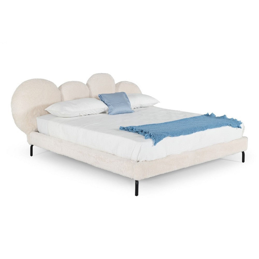 Runo Queen Platform Bed, Bubble Cushion Headboard, White Sherpa Upholstery By Casagear Home