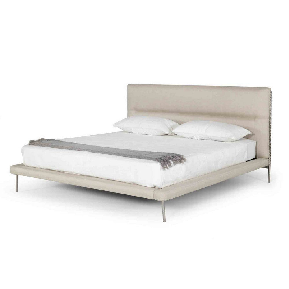 Siyan Queen Size Platform Bed Cushioned Headboard Beige Woven Upholstery By Casagear Home BM317443