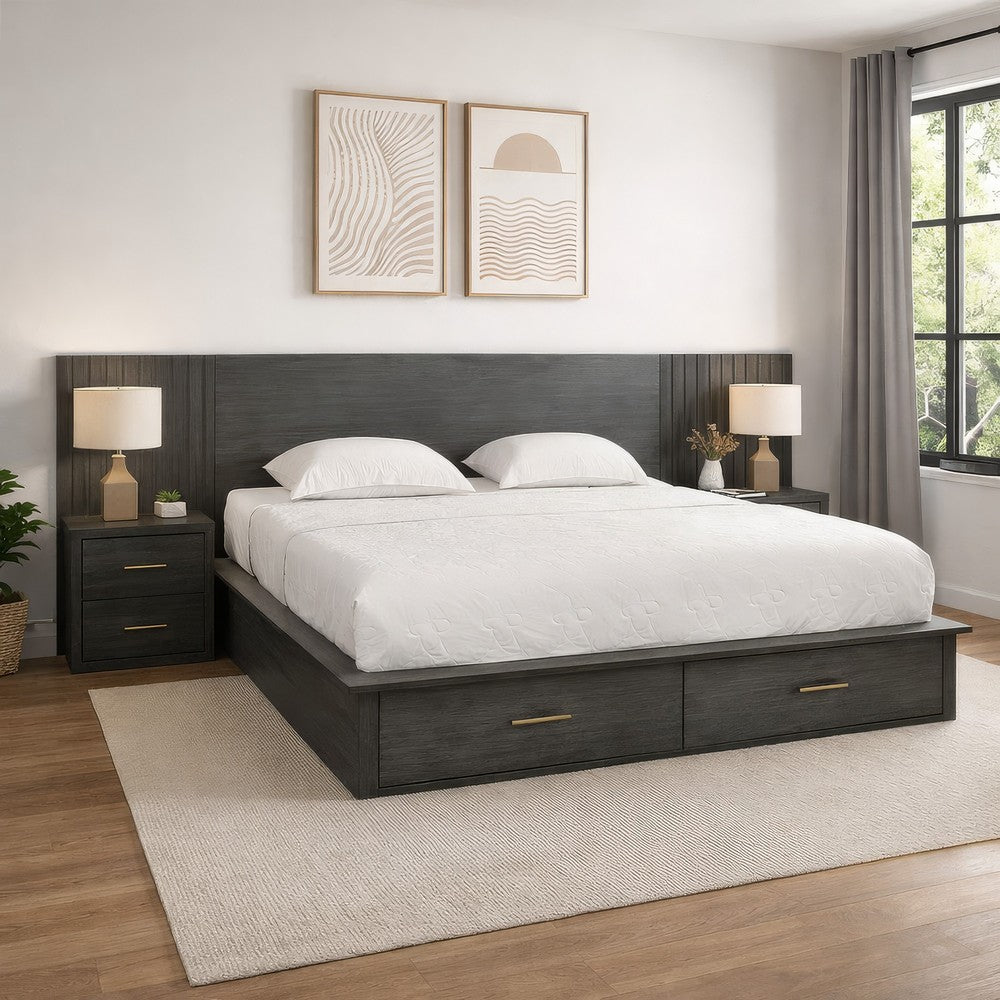 Cid Lime Queen Platform Bed, 2 Drawers, Wall Headboard, Dark Gray Finish By Casagear Home