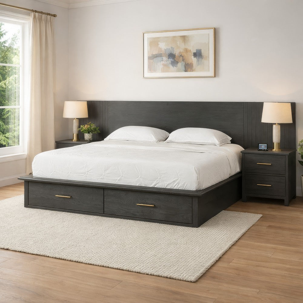 Cid Lime Queen Platform Bed, 2 Drawers, Wall Headboard, Dark Gray Finish By Casagear Home