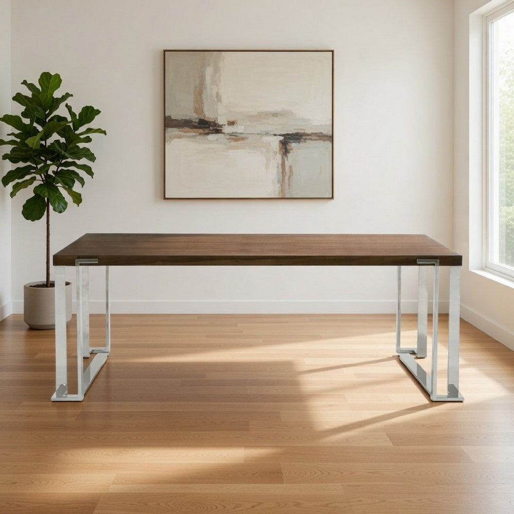Cid Zyla 95 Inch Dining Table, Rectangular, Stainless Steel, Walnut Brown By Casagear Home