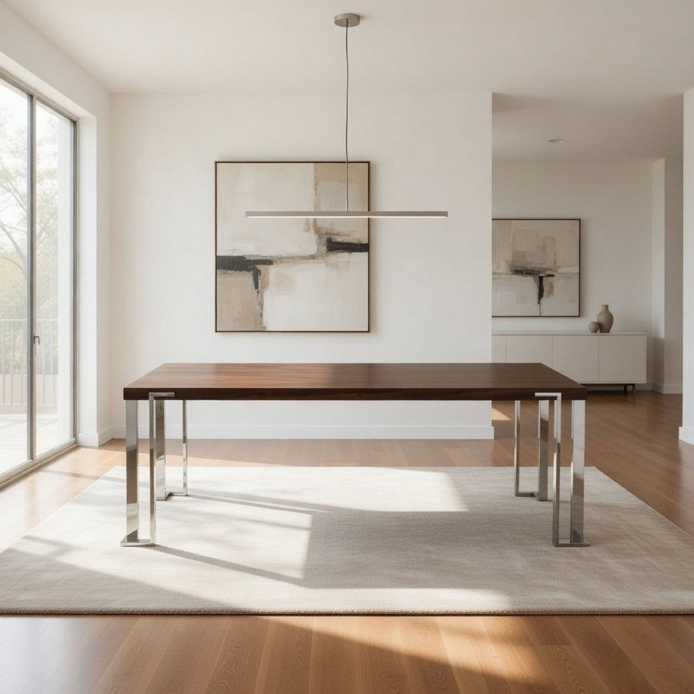 Cid Zyla 95 Inch Dining Table, Rectangular, Stainless Steel, Walnut Brown By Casagear Home