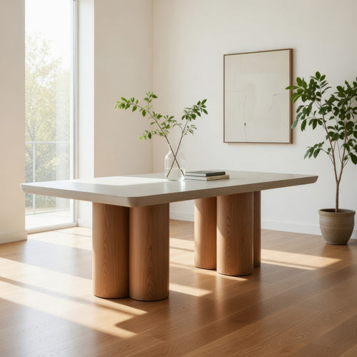 Cid Ziv 71 Inch Dining Table, Rectangular Gray Faux Concrete, Pillar Base By Casagear Home