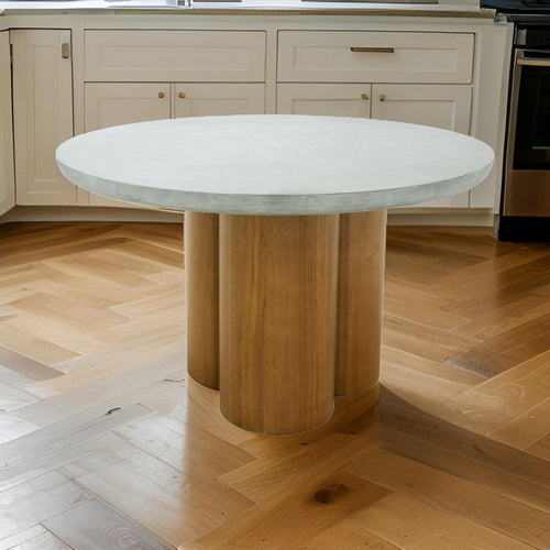 Cid Ziv 47 Inch Dining Table, Gray Faux Concrete Round Top, 3 Pillar Base By Casagear Home