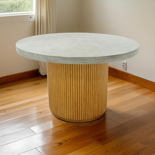 Cid Zeta 47 Inch Dining Table, Round Gray Concrete Top, Ribbed Brown Base By Casagear Home