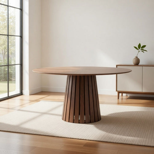 Cid Xeu 54 Inch Dining Table, Round Walnut Veneer, Slatted Pedestal Base By Casagear Home