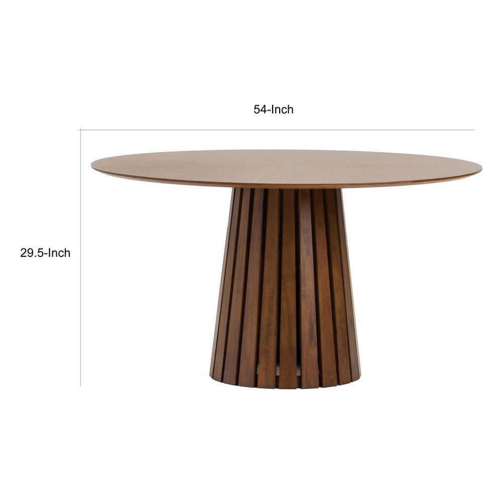 Cid Xeu 54 Inch Dining Table Round Walnut Veneer Slatted Pedestal Base By Casagear Home BM317468