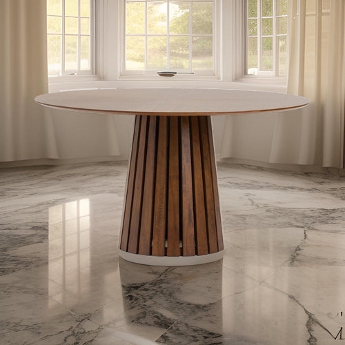 Cid Xeu 54 Inch Dining Table, Round Walnut Veneer, Slatted Pedestal Base By Casagear Home