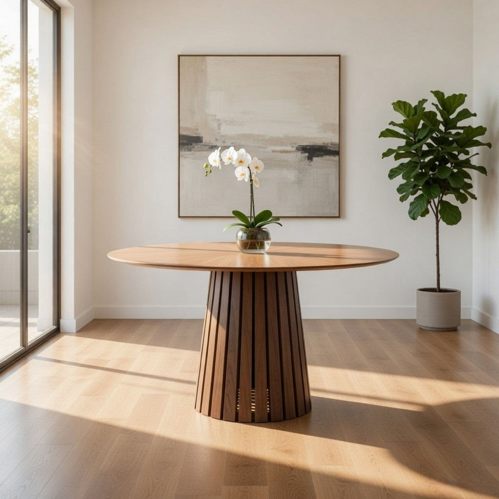 Cid Xeu 54 Inch Dining Table, Round Walnut Veneer, Slatted Pedestal Base By Casagear Home
