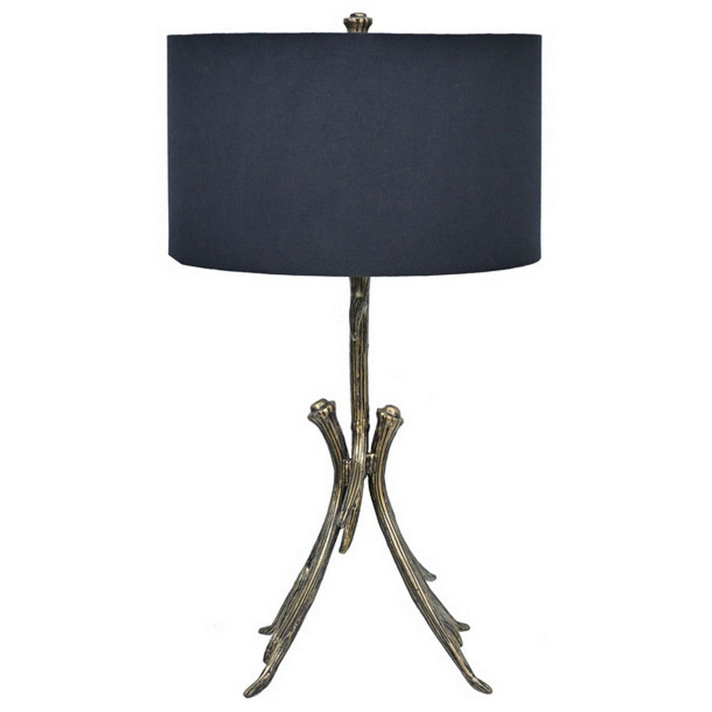 31 Inch Modern Table Lamp, Black Drum Shade, Unique Gilt Base Bronze Metal By Casagear Home