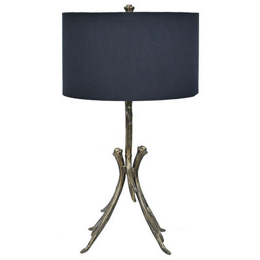31 Inch Modern Table Lamp, Black Drum Shade, Unique Gilt Base Bronze Metal By Casagear Home